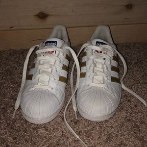 White and Gold Adidas Superstar Shoes